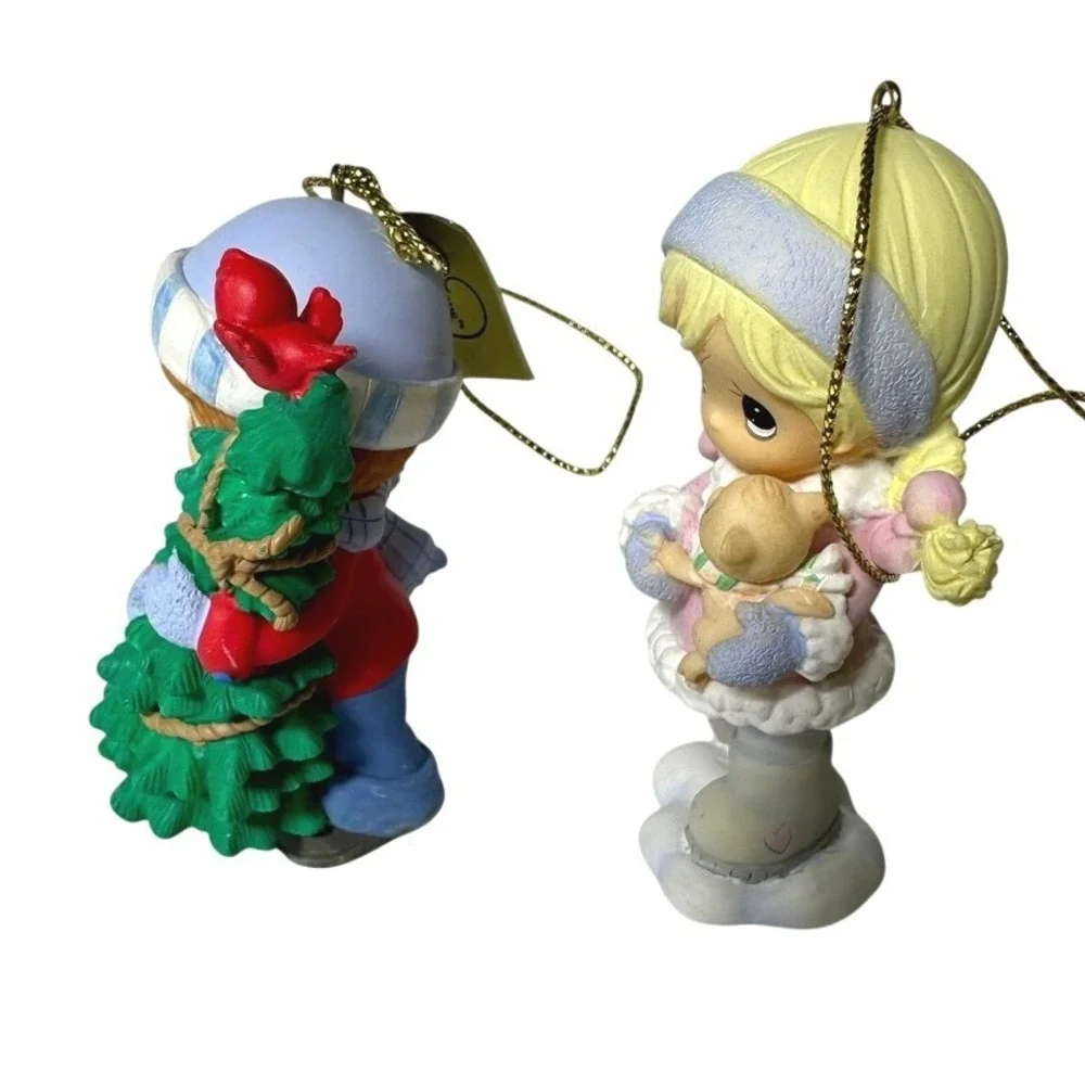 Precious Moments Christmas Ornaments 2pc 712003 Boy Girl Red Bird Kitten‎ Tree